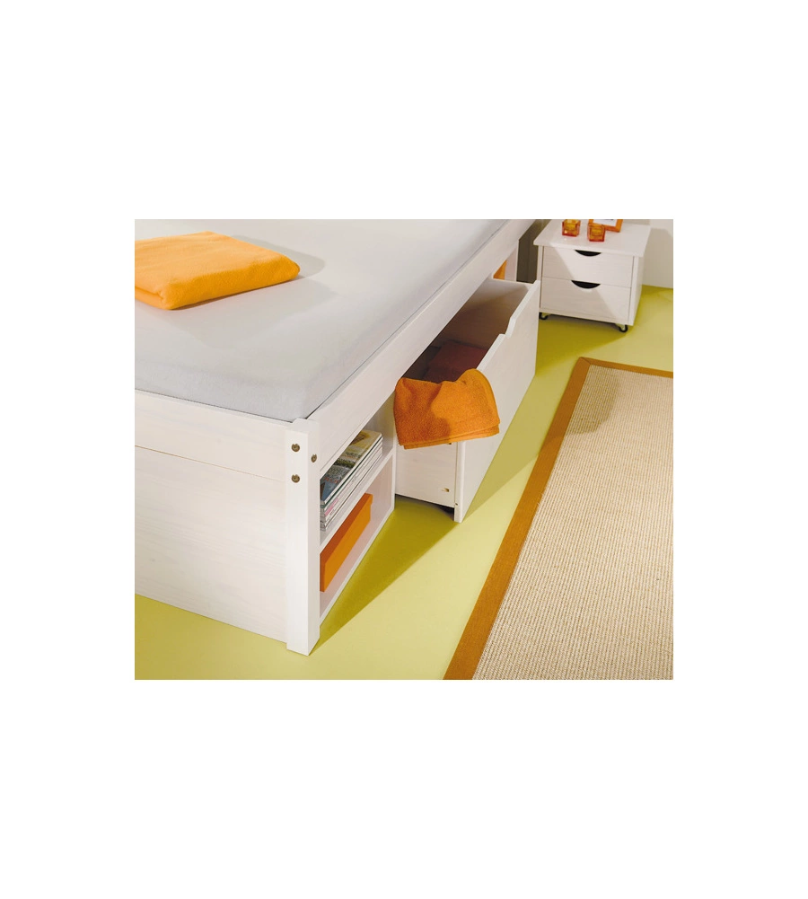 Letto matrimoniale con contenitori e comodini estraibili con ruote "Till" bianco 180x200 cm
